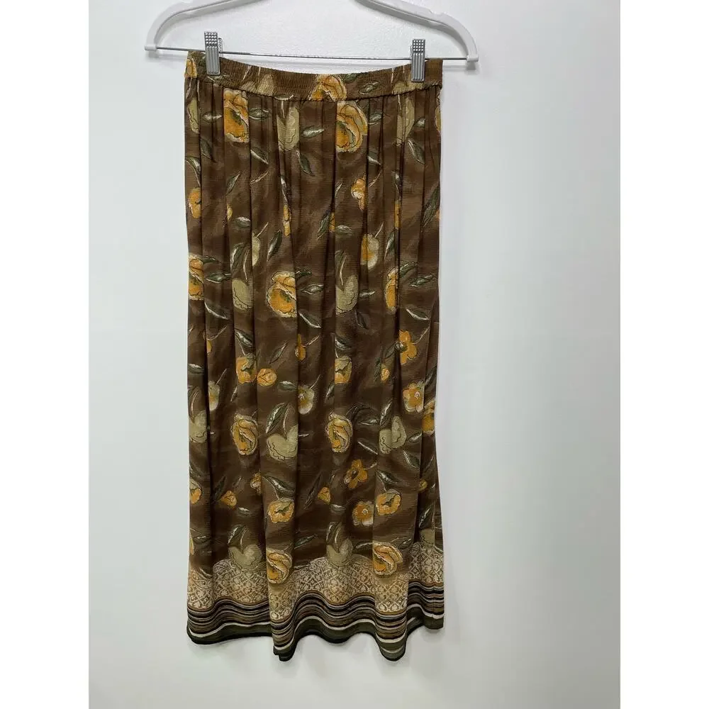 Vtg Vermont Country Store Floral Midi Skirt Pull On Pleated Brown Women's Size M